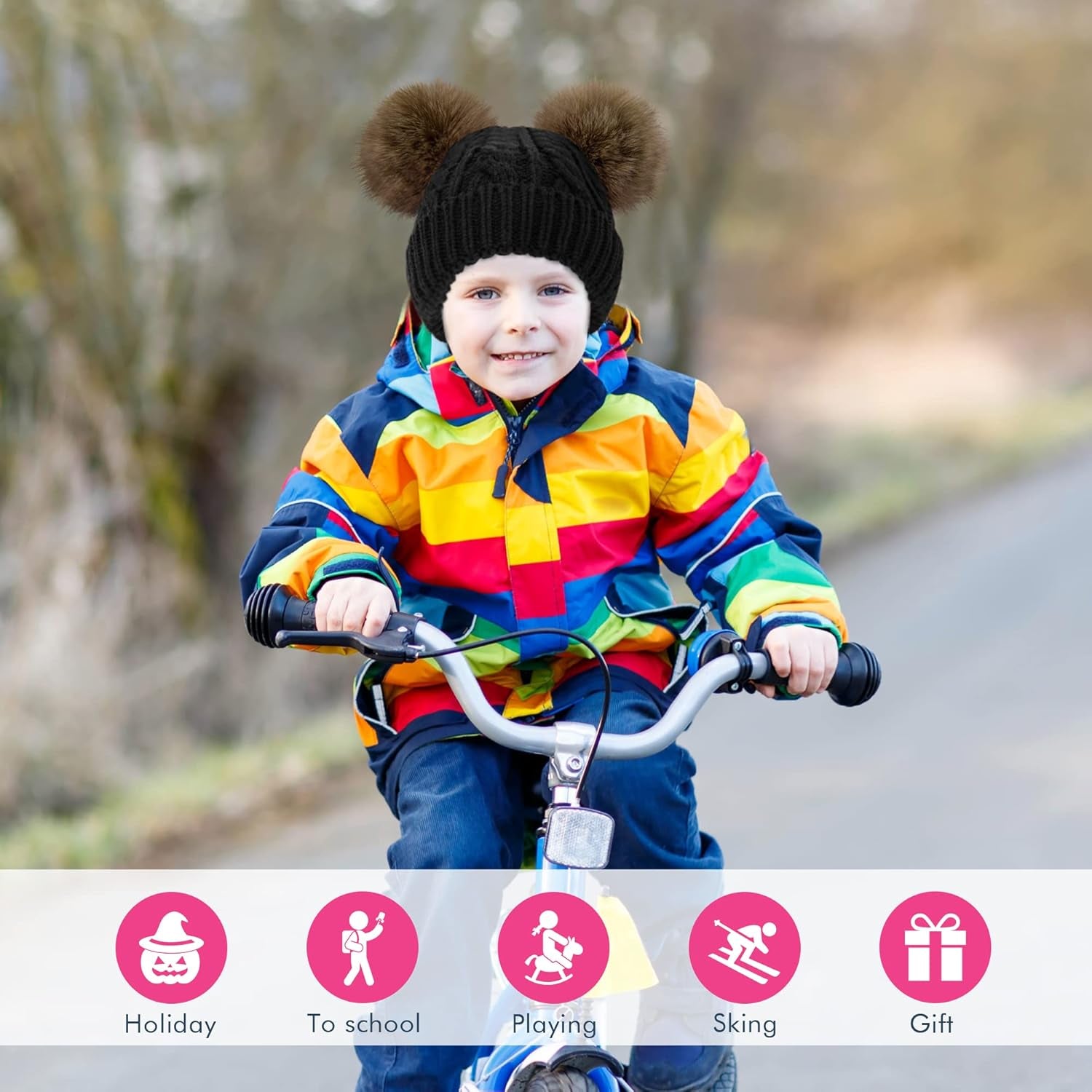 Warm Kids Boys Girls Winter Hat with Pompom Ears Elastic Knitted Toddler Beanie Hats for Girls Boys