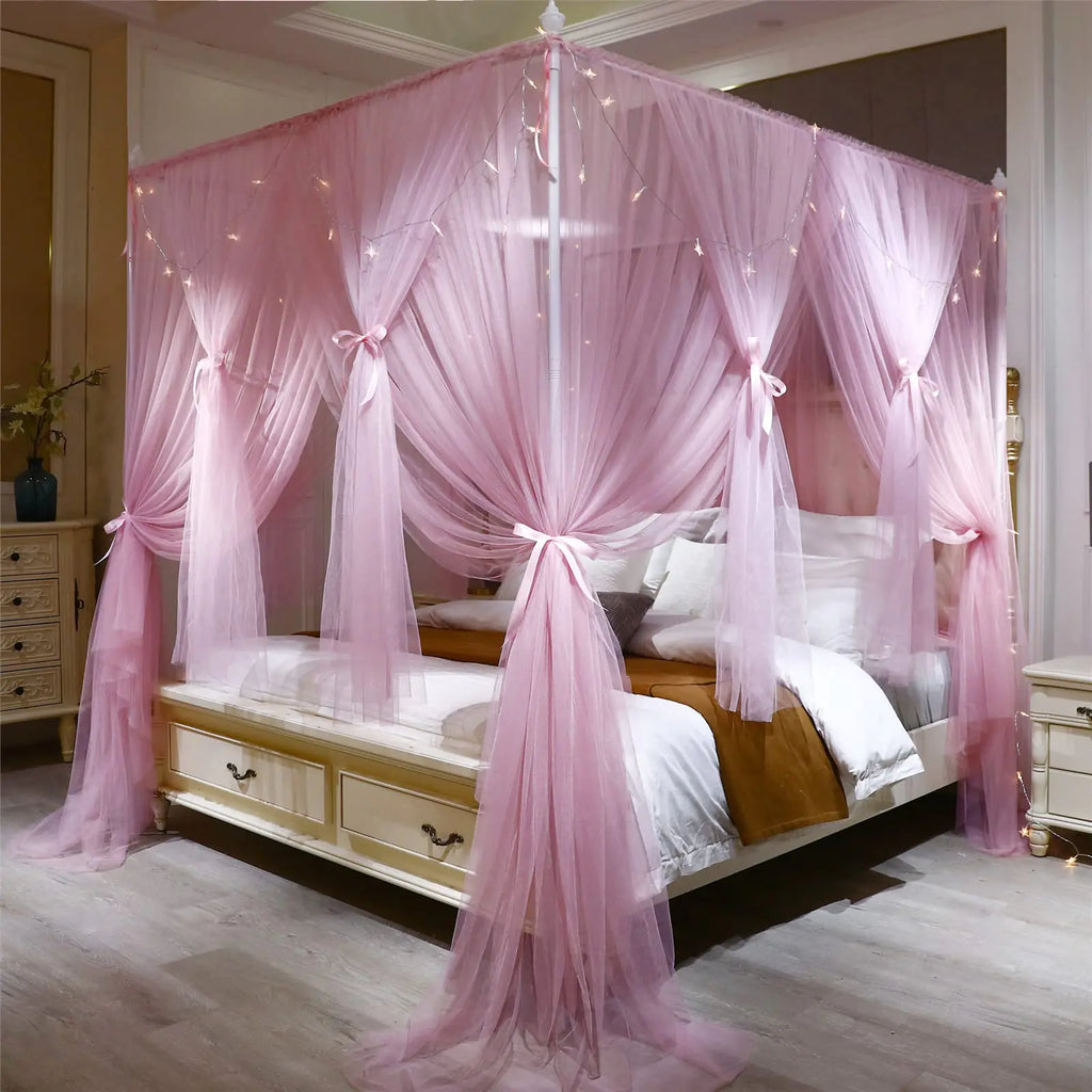 VETHIN 4 Corners Post Princess Bed Canopy Curtain Double Layer Cozy Drape Netting 4 Opening Mosquito Net for Girls & Adults Bedroom Decoration Accessories (Double Pink 78" W*86" L*82"*H/(King))