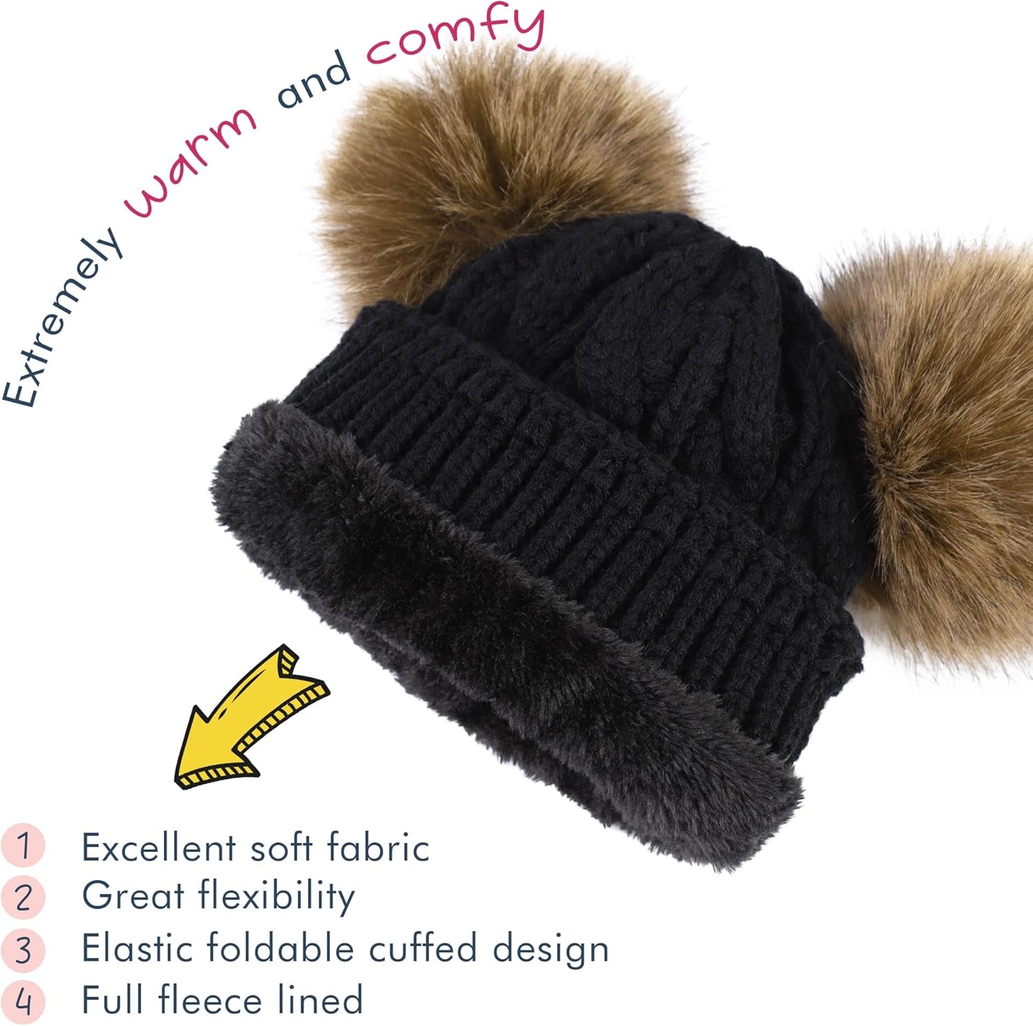 Warm Kids Boys Girls Winter Hat with Pompom Ears Elastic Knitted Toddler Beanie Hats for Girls Boys