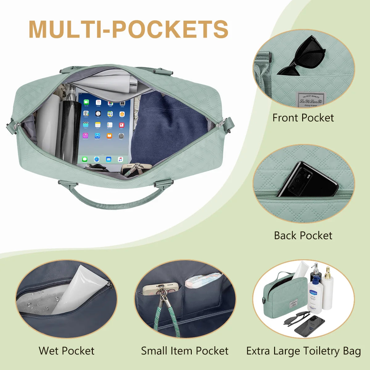 Travel Bag with Shoes Compartment, 40L Weekender Overnight Duffel Bag with Toiletry Bag and Shoes Bag, Gym Bag for Women with Wet Pocket, Personal Carry on Bag for Women, Travel, Gym, Weekend, Blue