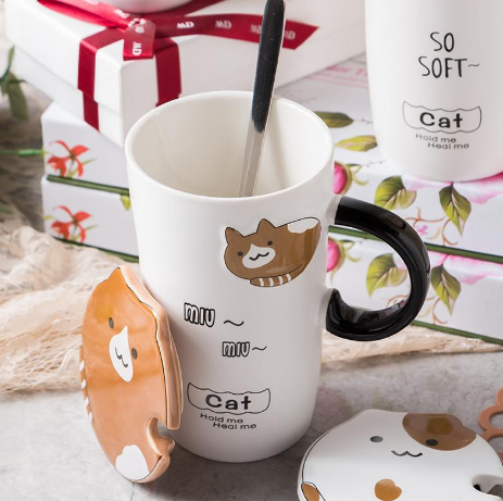 Large Capacity Ceramic Cat Mug with Lid and Spoon
