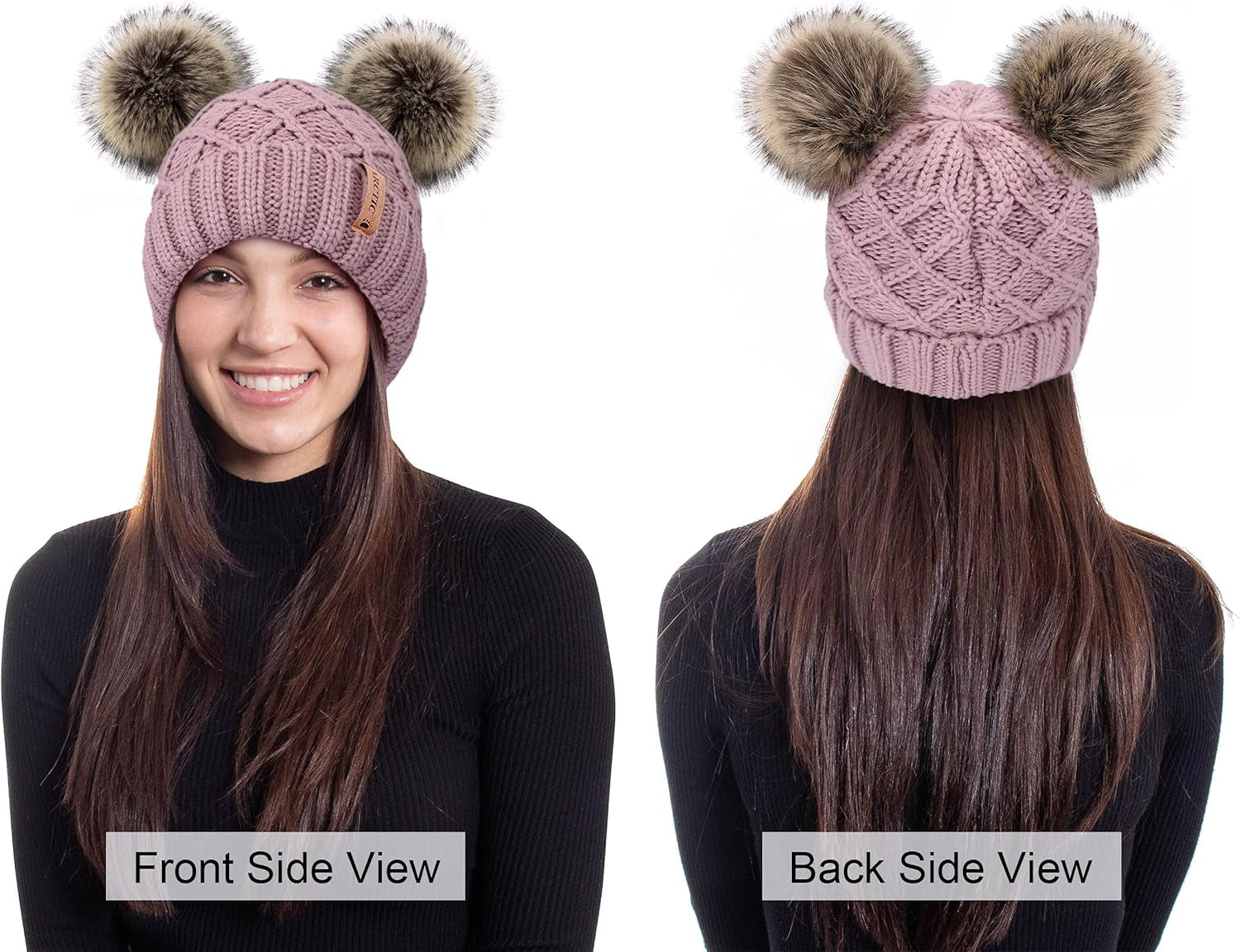 Womens Winter Hat Cable Knit Beanie for Women Faux Fur Pompom Ears