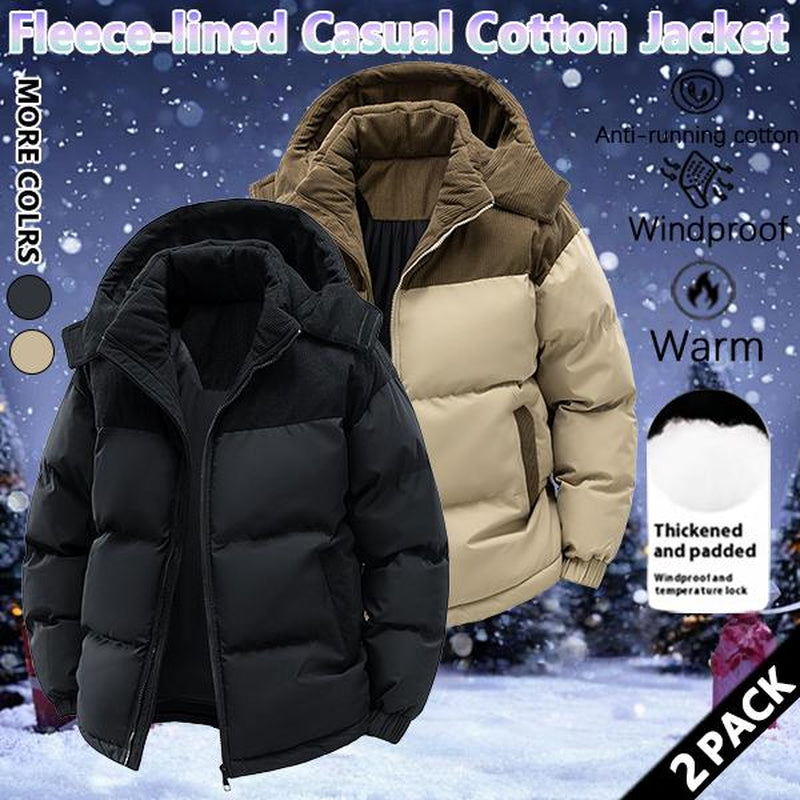 Winter Hooded Casual Fleece-Lined Men'S Coat,Removable Hood,Warm Color-Blocked Cotton Jacketcouples' Style Winter Cotton Coat, Outerwear Top.