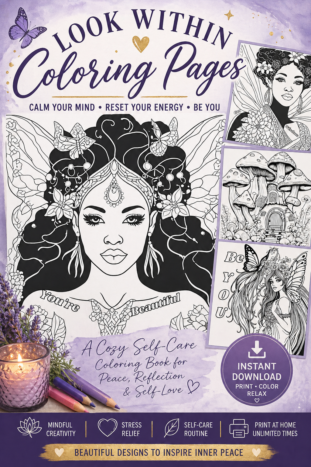 Look Within Coloring Pages 💜 Printable Self Care Coloring Book – Instant Download