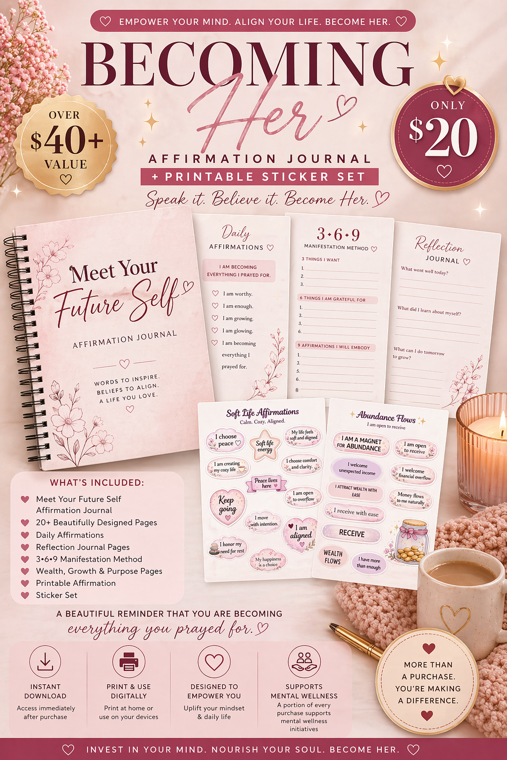 Becoming Her Bundle 💫 (Affirmations + Sticker Set)