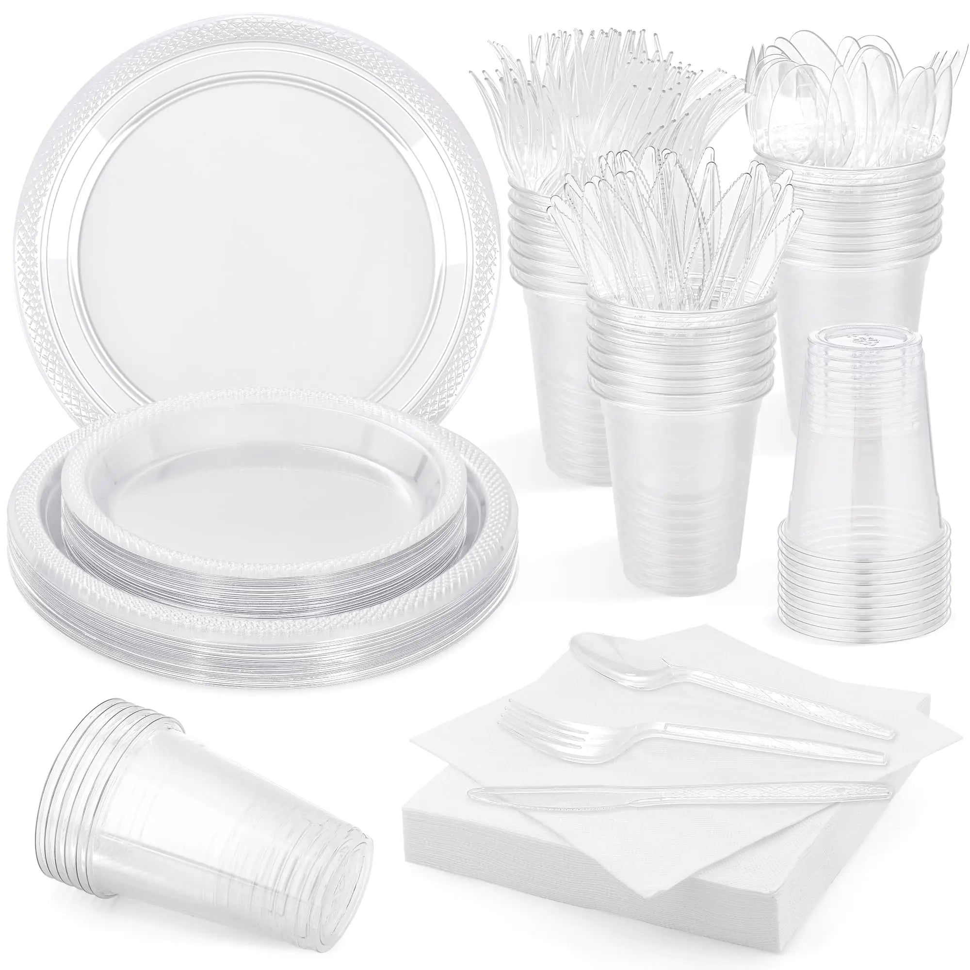 Aodaer 200 Pieces Clear Party Supplies Disposable Dinnerware Set Include Plastic Plates Cups Knives Forks Spoons Paper Napkins for Birthday Wedding Graduation Parties Serve 25 Guests