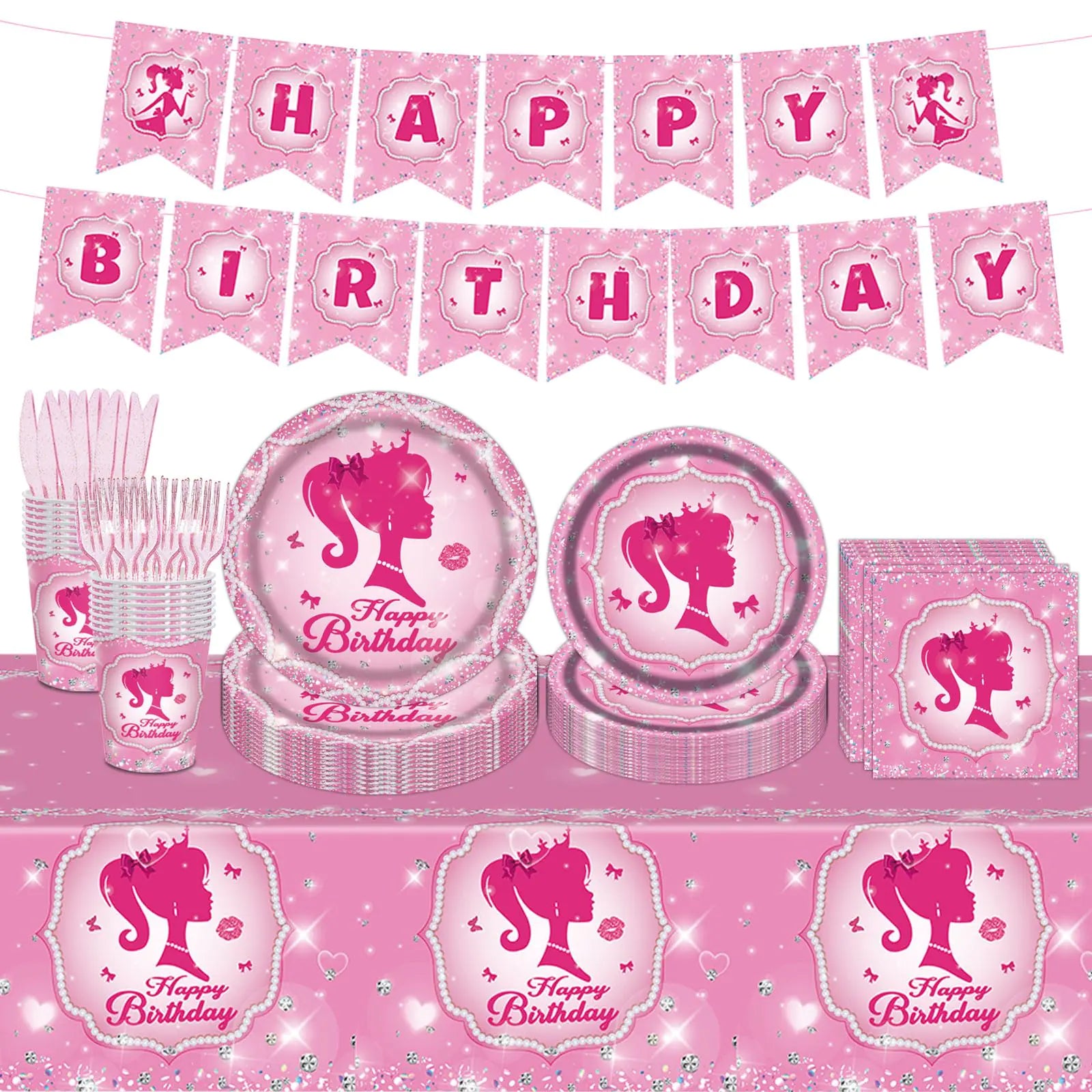 Poqirzan 98PCS Pink Girl Birthday Party Supplies Pink Girl Party Tableware Set Pink Party Supplies Pink Princess Birthday Decorations Pink Girl Paper Plates and Napkins Set Tablecloth Banner Serve 16