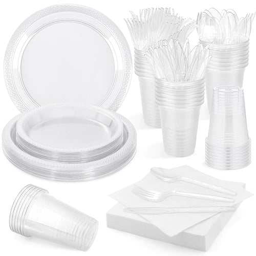 Aodaer 200 Pieces Clear Party Supplies Disposable Dinnerware Set Include Plastic Plates Cups Knives Forks Spoons Paper Napkins for Birthday Wedding Graduation Parties Serve 25 Guests