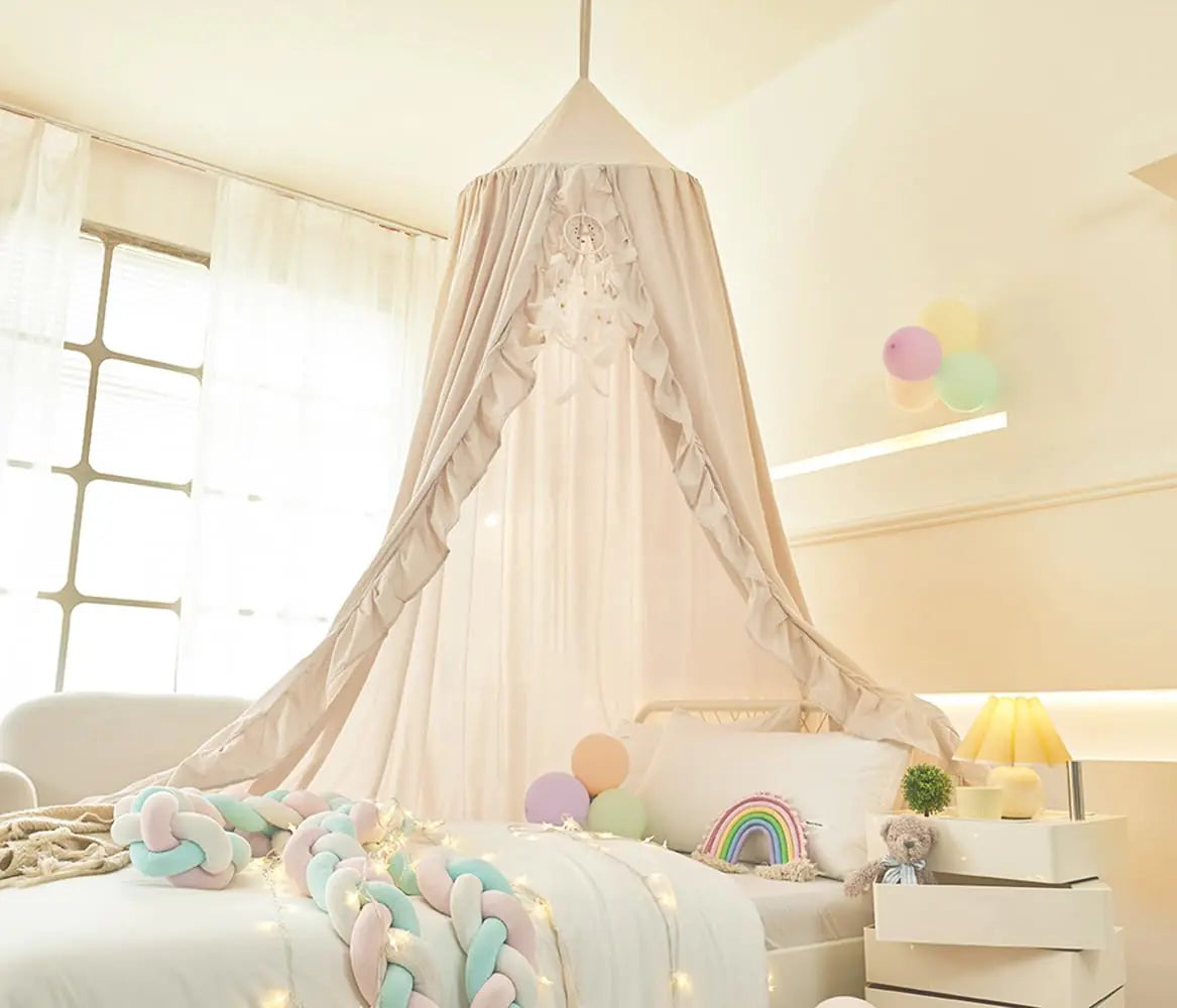 Mengersi Bed Canopy for GirlsRuffled Canopy Bed Curtains Canopy for Girls RoomHanging Canopy Princess Play Tent for Reading Nook Play Room Decor (Ivory)